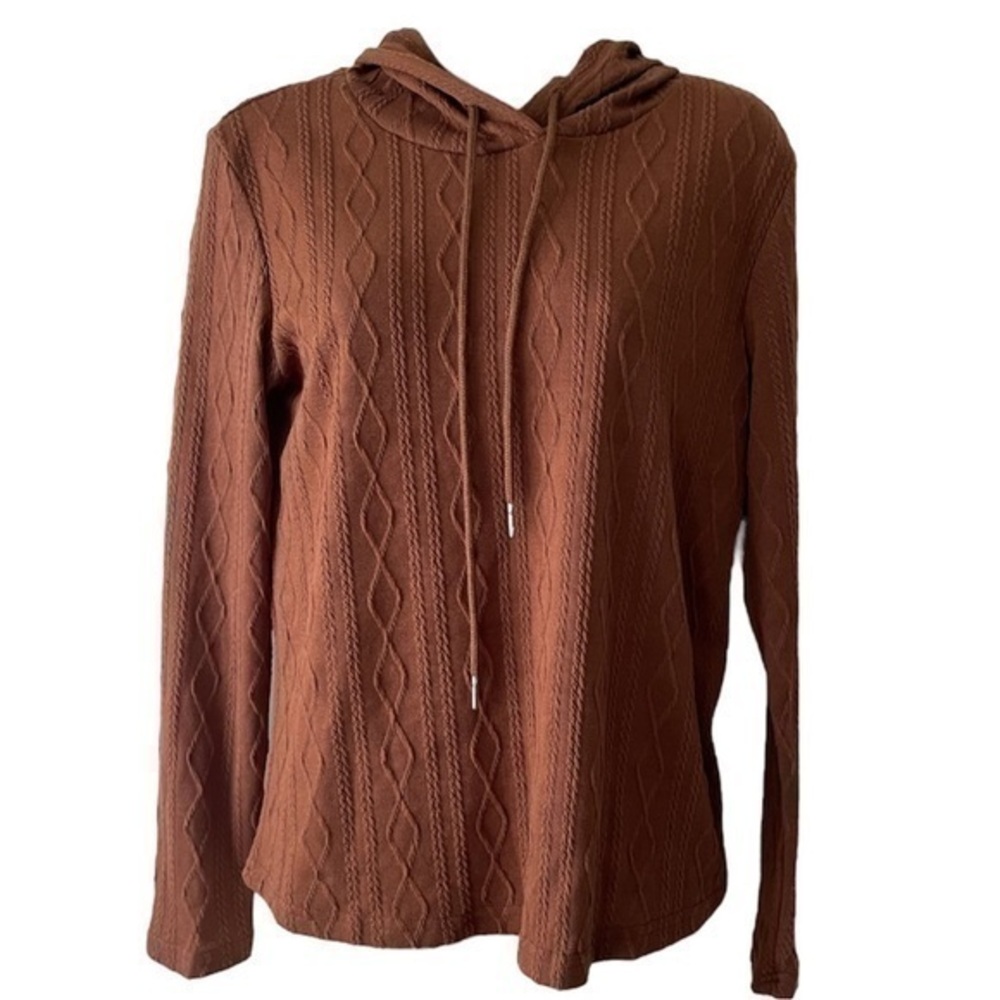 SHEIN Women's Cable Textured Raglan Sleeve Drawstring Hoodie Brown Small